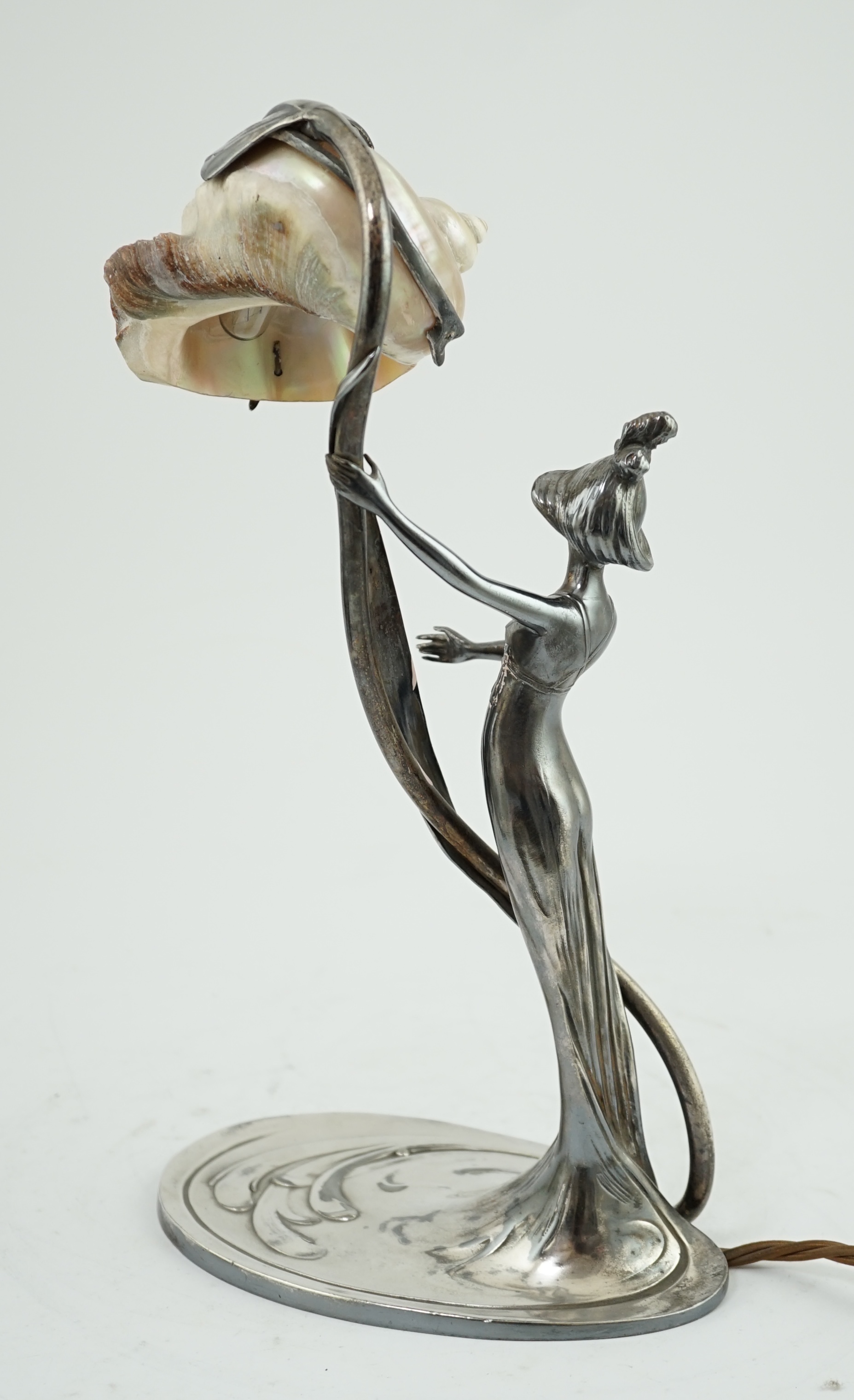 An Art Nouveau electroplate shell mounted figural table lamp, by Moritz Hacker, c.1900